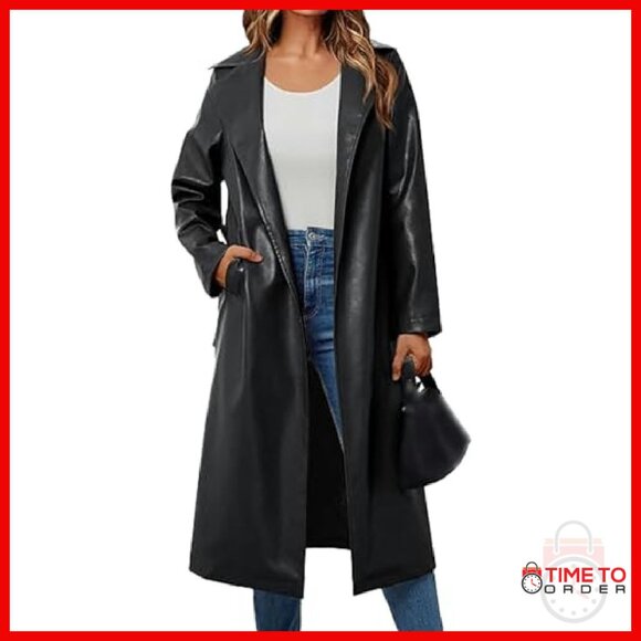 Faux Leather Trench Coat Notched Lapel Long Belted Jacket - Picture 2 of 5